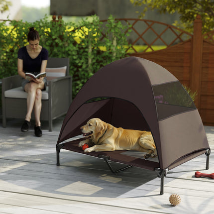 PAWROOM - Utendørs hundeseng med tak, forhøyet hundeseng for store hunder, kjølende kjæledyrseng med vaskbar bæreveske av metallramme, kjæledyrseng for utendørscamping 106x76x99 cm, kaffe