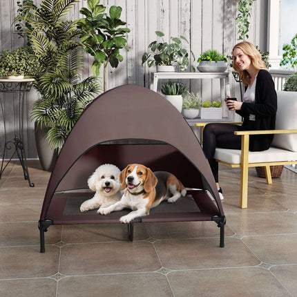 PAWROOM - Utendørs hundeseng med tak, forhøyet hundeseng for store hunder, kjølende kjæledyrseng med vaskbar bæreveske av metallramme, kjæledyrseng for utendørscamping 106x76x99 cm, kaffe