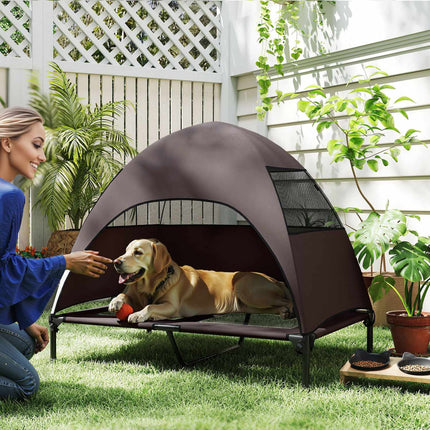 PAWROOM - Utendørs hundeseng med tak, forhøyet hundeseng for store hunder, kjølende kjæledyrseng med vaskbar bæreveske av metallramme, kjæledyrseng for utendørscamping 106x76x99 cm, kaffe
