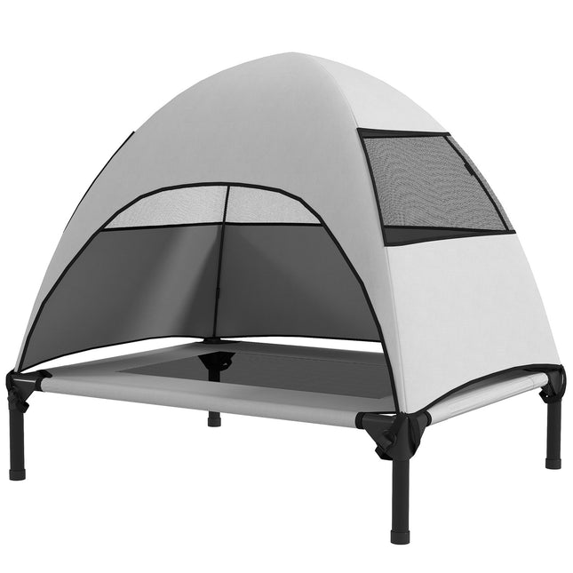 PAWROOM - Utendørs hundeseng med tak, forhøyet hundeseng for middels store hunder, Kjæledyrseng med vaskbar bæreveske av metallramme, Kjæledyrseng for utendørscamping 76x61x71 cm, lys grå