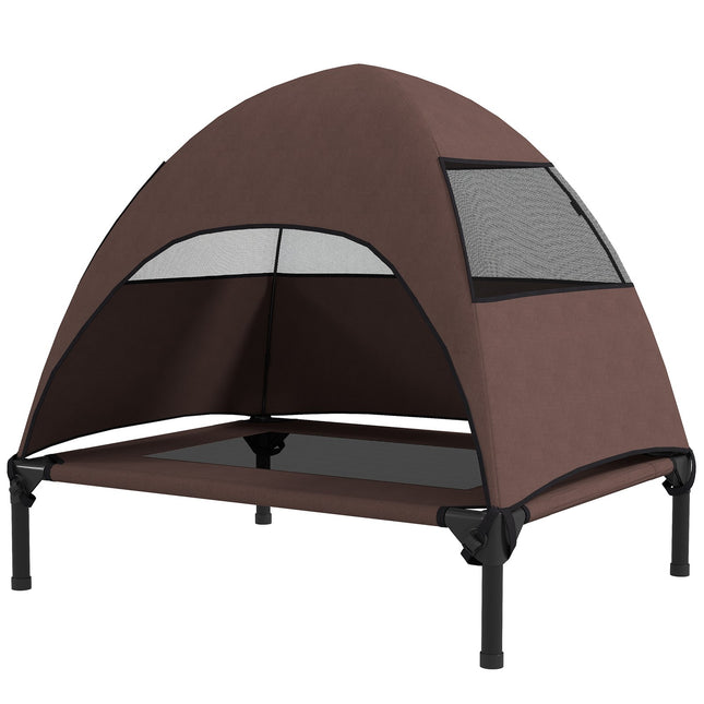 PAWROOM - Utendørs hundeseng med tak, forhøyet hundeseng for middels store hunder, Kjæledyrseng med vaskbar bæreveske av metallramme, Kjæledyrseng for utendørscamping 76x61x71 cm, Kaffe