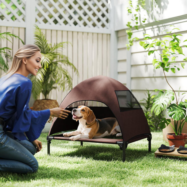 PAWROOM - Utendørs hundeseng med tak, forhøyet hundeseng for middels store hunder, Kjæledyrseng med vaskbar bæreveske av metallramme, Kjæledyrseng for utendørscamping 76x61x71 cm, Kaffe