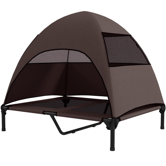 PAWROOM - Utendørs hundeseng med tak, forhøyet hundeseng for store hunder, kjølende kjæledyrseng med vaskbar bæreveske av metallramme, kjæledyrseng for utendørscamping 91x76x90 cm, kaffe