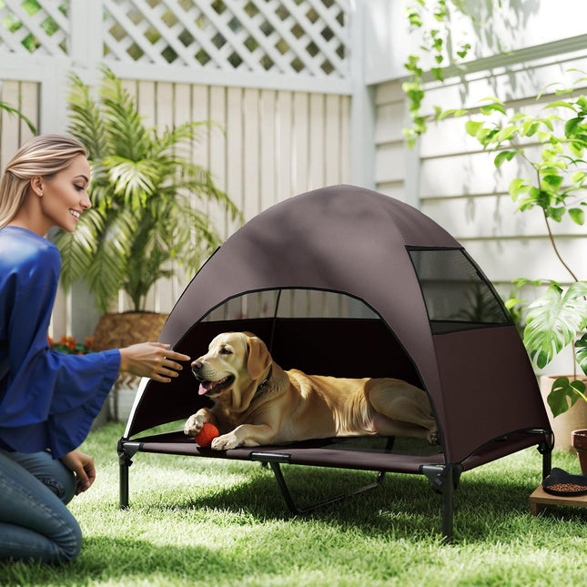 PAWROOM - Utendørs hundeseng med tak, forhøyet hundeseng for store hunder, kjølende kjæledyrseng med vaskbar bæreveske av metallramme, kjæledyrseng for utendørscamping 91x76x90 cm, kaffe