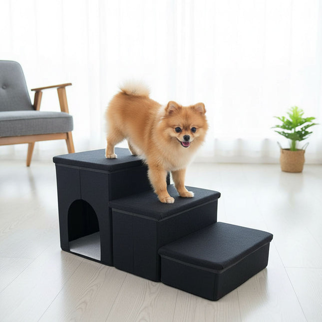 TASSORA - Foldable Dog Stairs, 3 Steps with Storage and Non-Slip Base