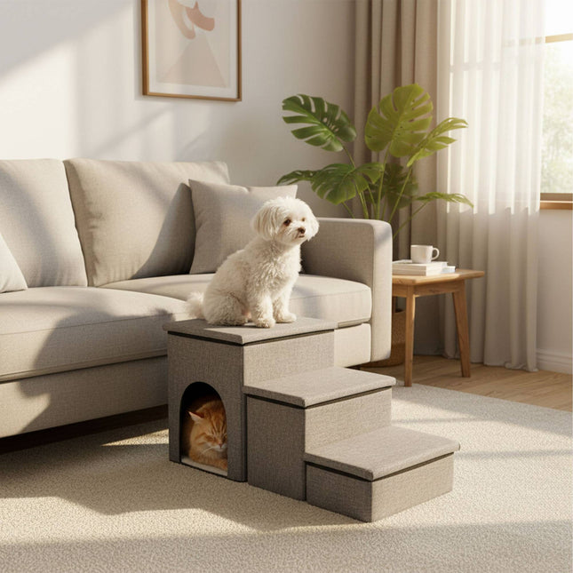 TASSORA - Foldable Dog Stairs, 3 Steps with Storage
