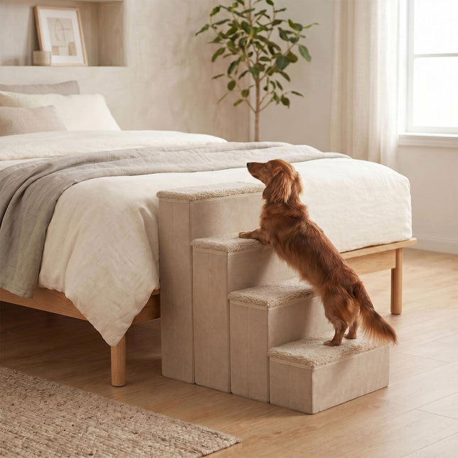 TASSORA - Foldable Dog Steps with Storage, Large, Beige