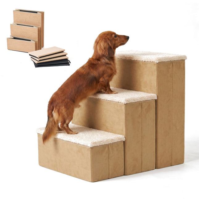 TASSORA - Foldable Dog Steps with Storage, Beige, Medium