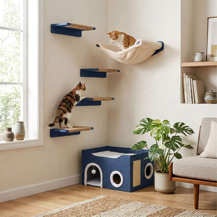 TASSORA - Foldable Cat Cave with Scratch Pad, Blue, 34x60x40 cm
