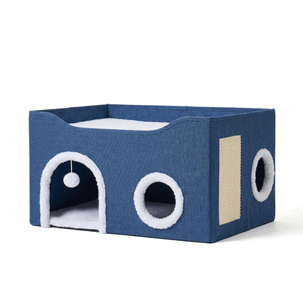 TASSORA - Foldable Cat Cave with Scratch Pad, Blue, 34x60x40 cm
