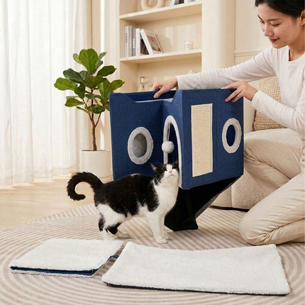 TASSORA - Foldable Cat Cave with Scratch Pad, Blue, 34x60x40 cm