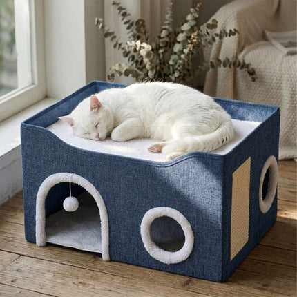 TASSORA - Foldable Cat Cave with Scratch Pad, Blue, 34x60x40 cm