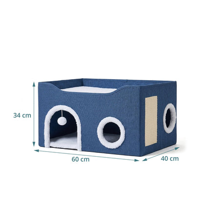 TASSORA - Foldable Cat Cave with Scratch Pad, Blue, 34x60x40 cm