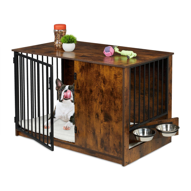 TASSORA - Indoor Dog Crate with Bowls - Wood Effect, Medium