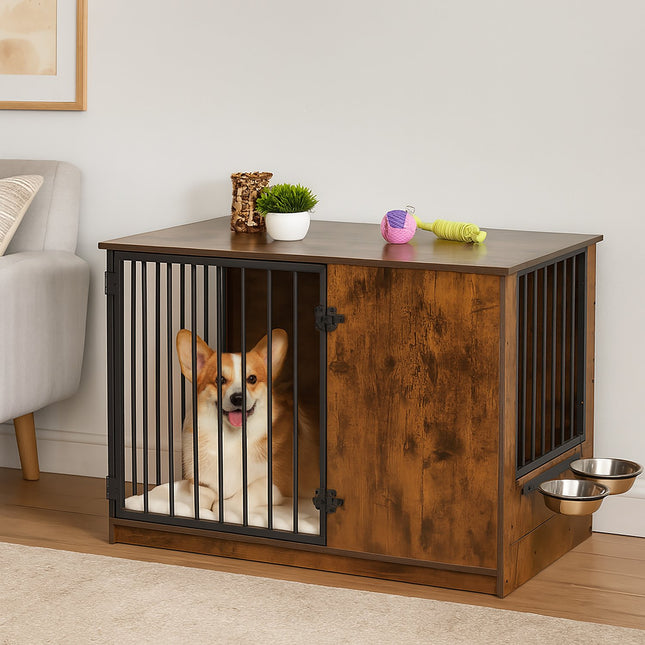 TASSORA - Indoor Dog Crate with Bowls - Wood Effect, Medium