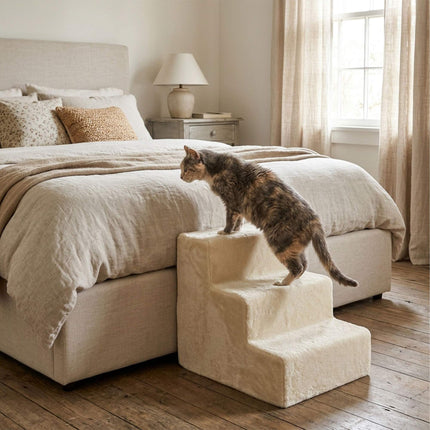 TASSORA - Dog Stairs, 3 Steps - Beige, Soft Plush Cover