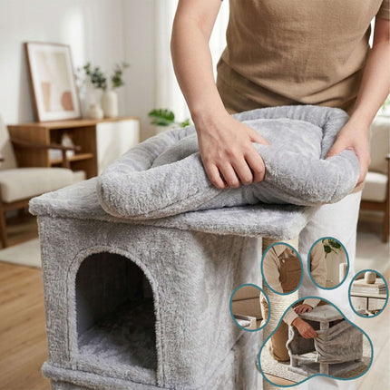 TASSORA - Cat Tree with Caves & Bed, Light Grey, 71cm