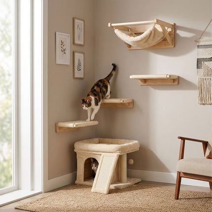 TASSORA - Cat Tree with Cave & Bed, Beige - Sisal & Plush