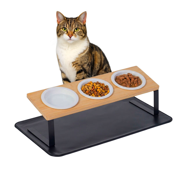 TASSORA - Raised Cat Bowl Set - Bamboo Stand, Ceramic Bowls, Mat
