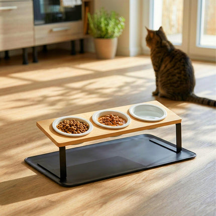 TASSORA - Sett med hevet kattens skåler – bambusstativ, keramiske skåler, matte