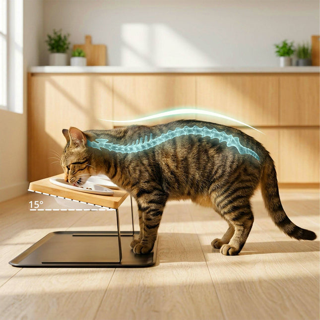 TASSORA - Raised Cat Bowl Set - Bamboo Stand, Ceramic Bowls, Mat